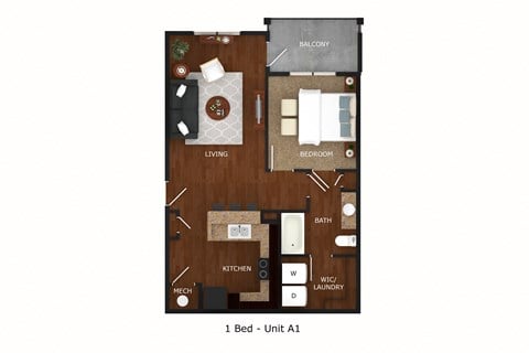 Floor plan for 1 bed, 1 bath, 788 sqft